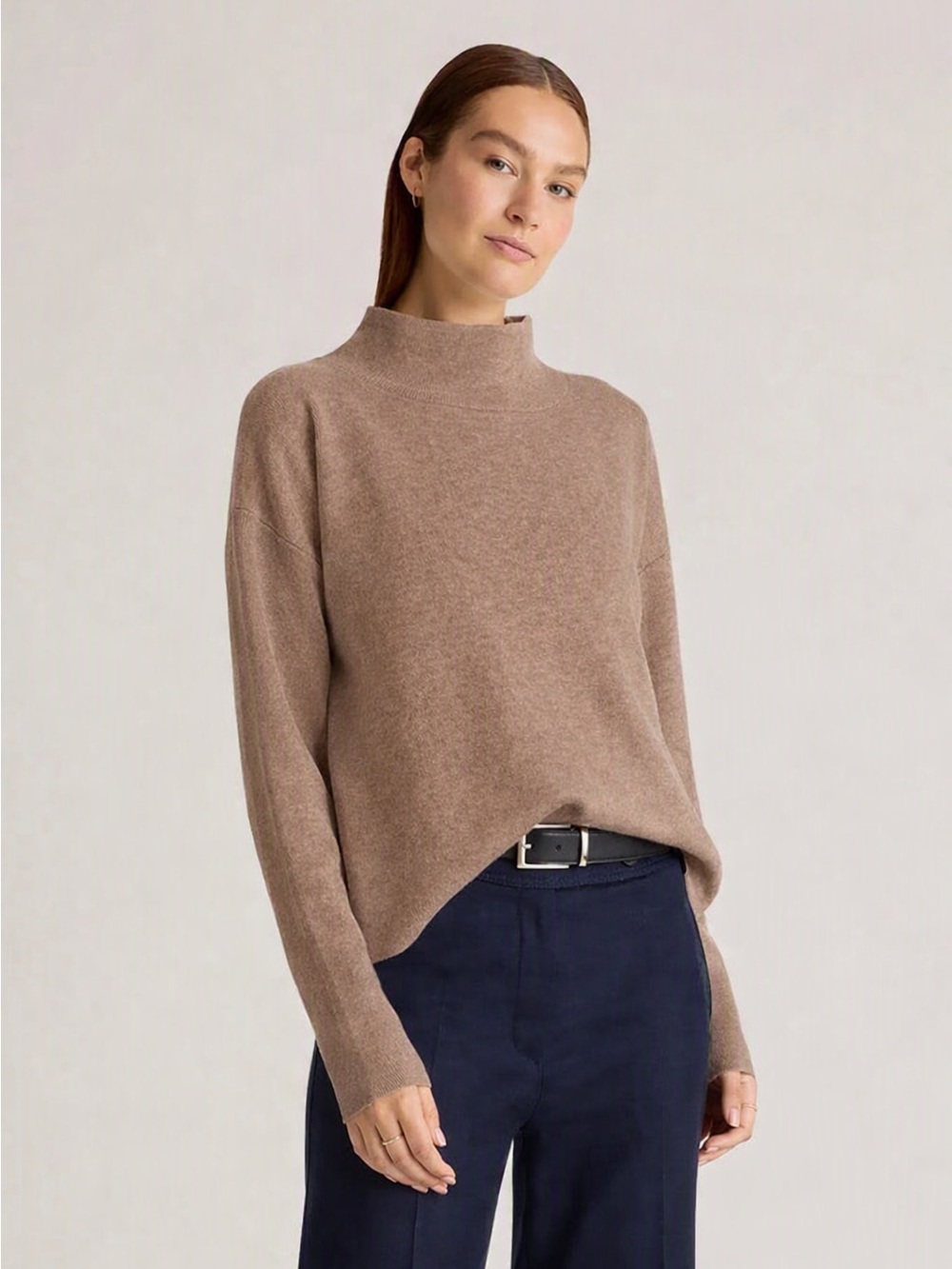 Quince Eco Knit Milano Stitch Mockneck Pullover Sweater Warm Taupe Sz XS Tan